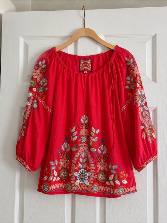 Johnny Was Tops - Johnny Was Coral Embroidered Boho Peasant Blouse Top Size S